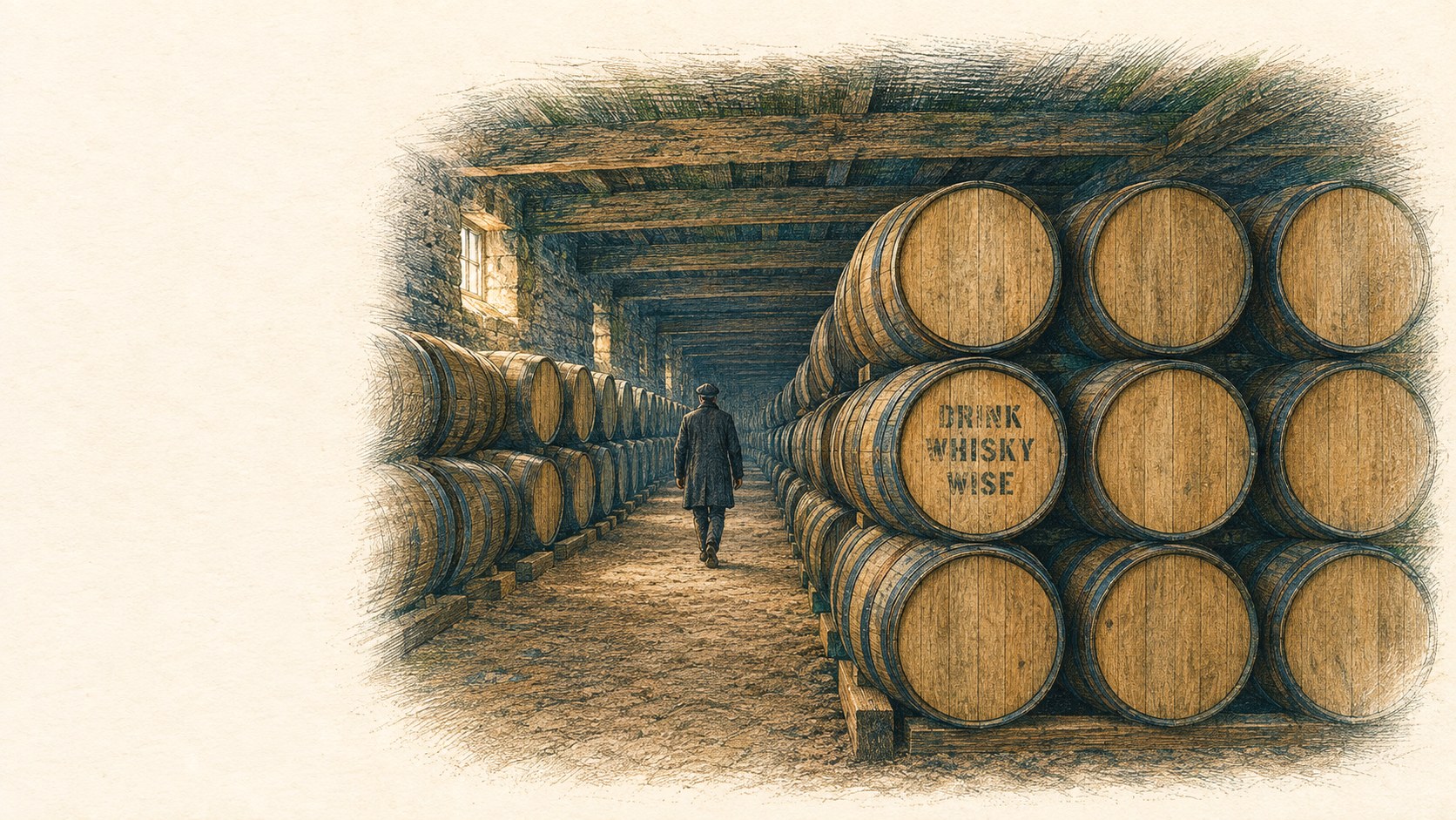 A hand-coloured engraving of the inside of a Scottish dunnage warehouse: a low stone building with an earth floor, casks lying on their sides stacked three high with their round heads facing out, and a solitary figure in a long coat and flat cap walking away down the aisle. One cask head in the foreground is stencilled DRINK WHISKY WISE.